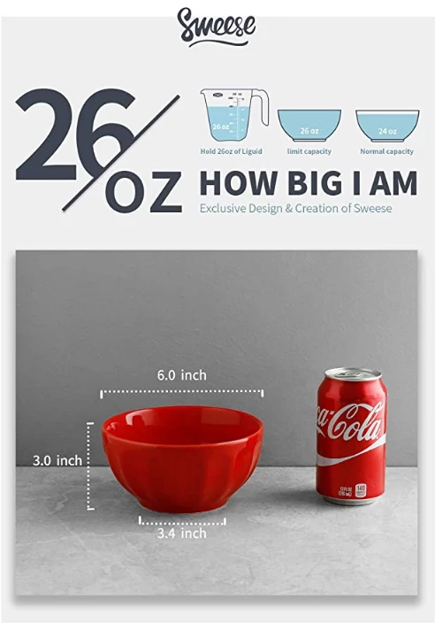 Top 10 π₯° Sweese Red Porcelain Fluted Bowls, Set of 4 π 3 Top 10 π₯° Sweese Red Porcelain Fluted Bowls, Set of 4 π - Image 3