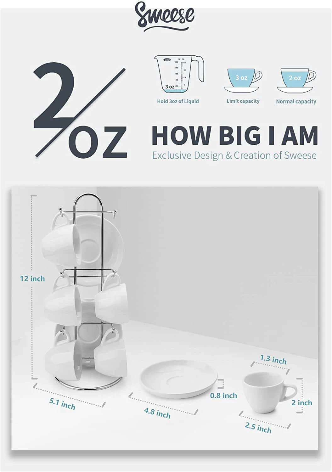 Deals ๐ Sweese Porcelain Espresso Cups with Saucers and Metal Stand ๐ 3 Deals ๐ Sweese Porcelain Espresso Cups with Saucers and Metal Stand ๐ - Image 3